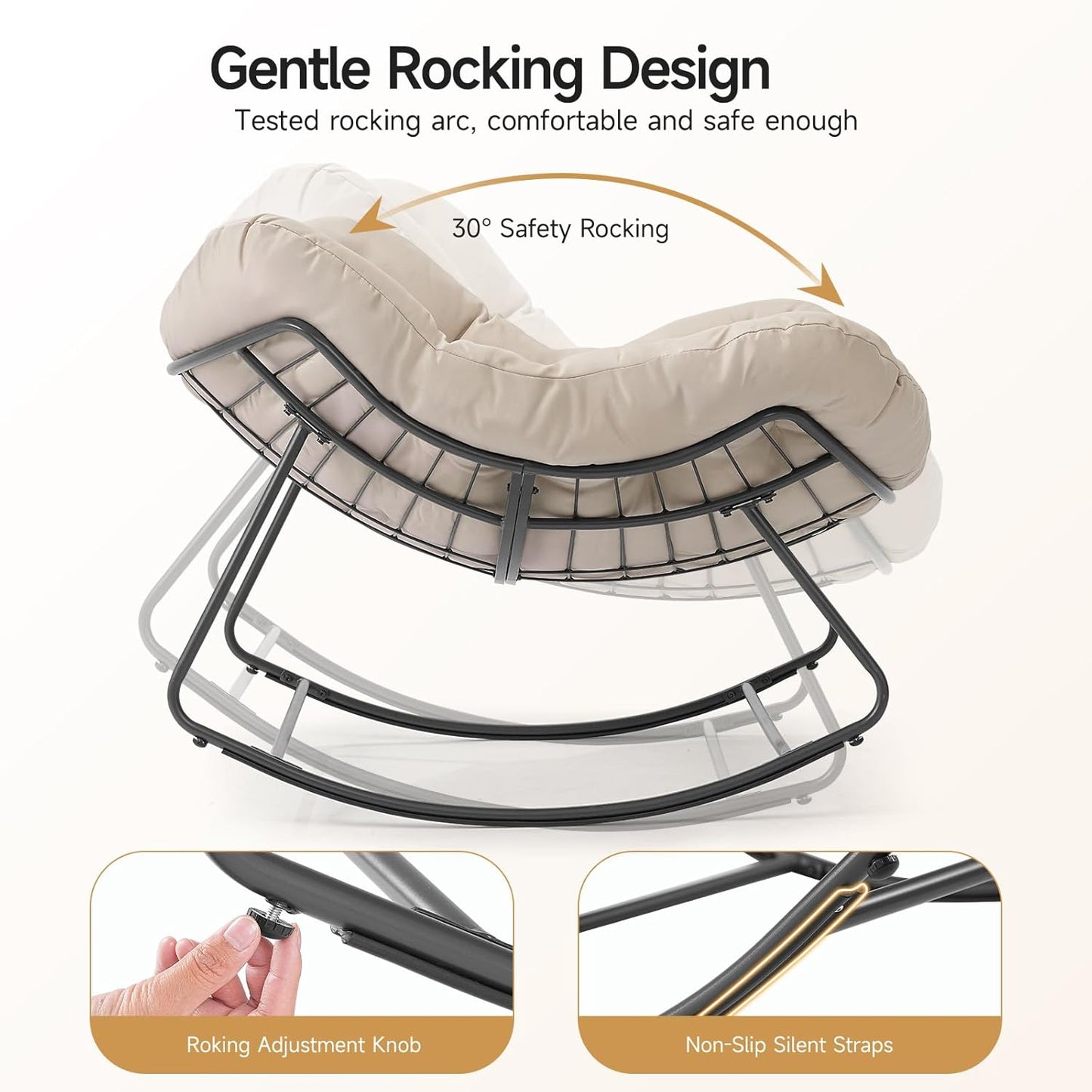 Indoor Rocking Papasan Chair, 450 Lbs Oversized Indoor Egg Comfy Chairs, Rocking Reading Chair with Thickened Cushion, Lounge Cozy Chairs for Bedroom Living Room, Beige