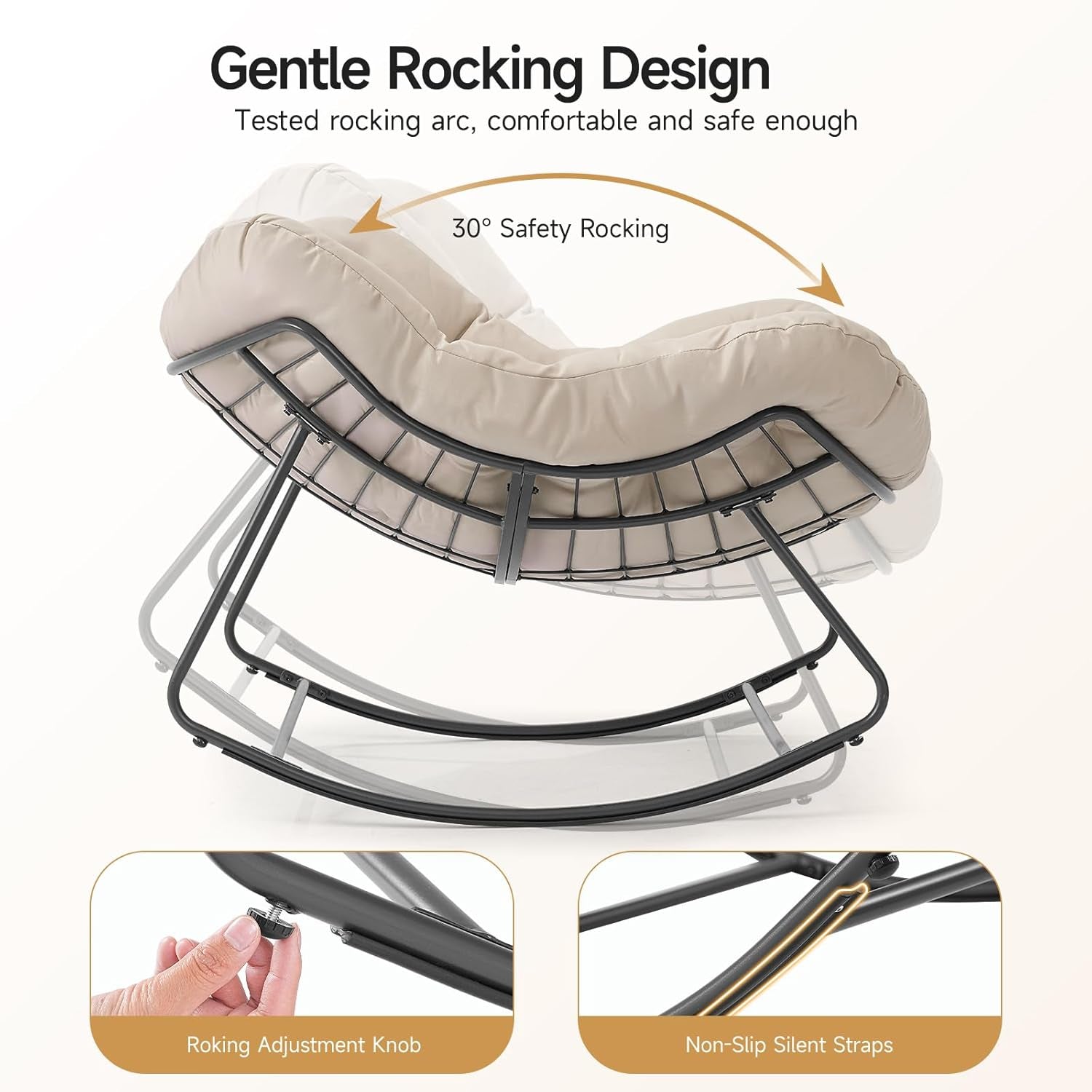 Indoor Rocking Papasan Chair, 450 Lbs Oversized Indoor Egg Comfy Chairs, Rocking Reading Chair with Thickened Cushion, Lounge Cozy Chairs for Bedroom Living Room, Beige