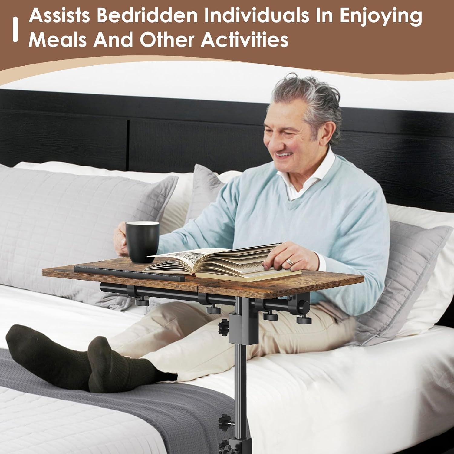 Laptop Desk Bedside Table with Wheels Laptop Stand for Couch Adjustable Tv Tray C End Table, Mobile Sofa Snack Table with Tiltable Top, Brown