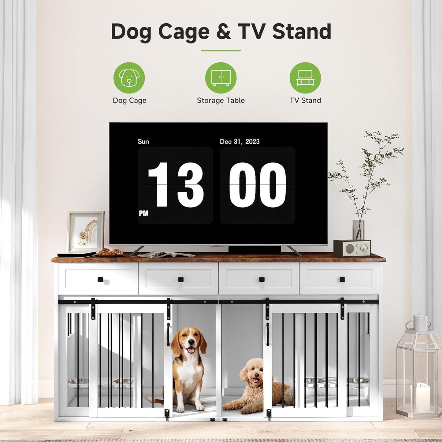 71” Large Dog Crate Furniture for 1 or 2 Dogs with Sliding Door, Heavy Duty Dog Kennel Furniture for Small/Medium Dogs with 4 Bowls, Dog Cage with Steel Frame, White