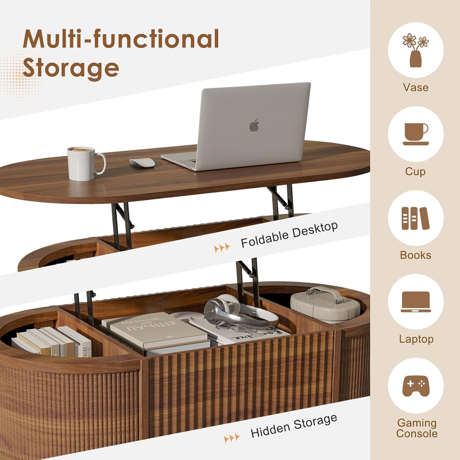 Fluted Lift Top Coffee Table with Storage,Modern Oval Coffee Table for Living Room or Home Office（Walnut）