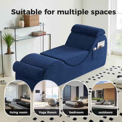 Yoga Chairs for Adults, Ergonomic Chaise Lounge Chair Indoor with Side Pocket, Lumbar Pillow, Ottoman, Yoga Chair Perfect for Stretching, Relaxation, Exercise, Used in Bedroom, Living Room（Blue）