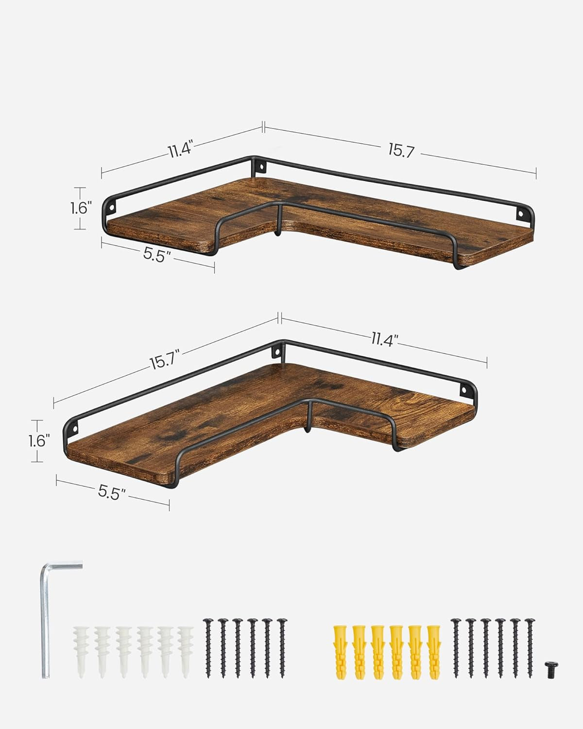 Corner Shelf Wall Mount Set of 2, Floating Shelves, Small Wall Shelf for Decor Storage, for Living Room Bedroom Kitchen Bathroom, Rustic Brown and Black ULLS831B01