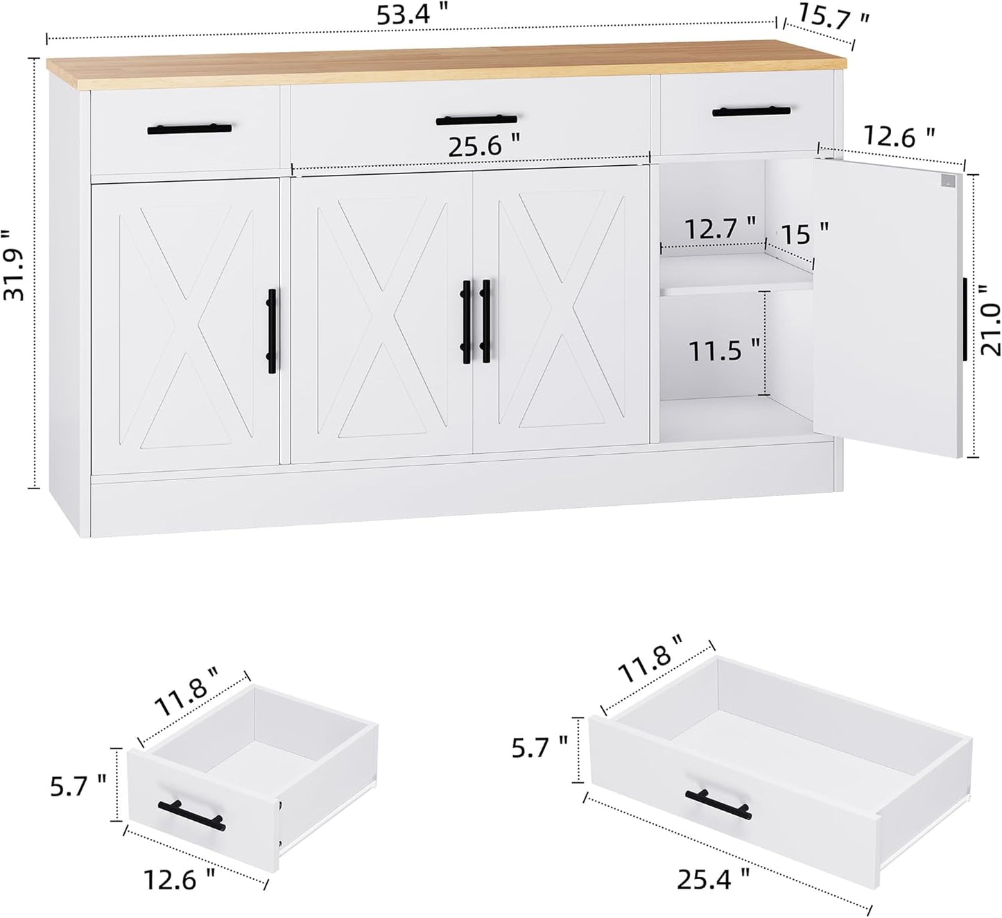 Buffet Cabinet with Storage,53.4" Large Kitchen Storage Cabinet with 3 Drawers and 4 Doors,Wood Farmhouse Buffet Sideboard with Adjustable Shelf for Kitchen Living Room