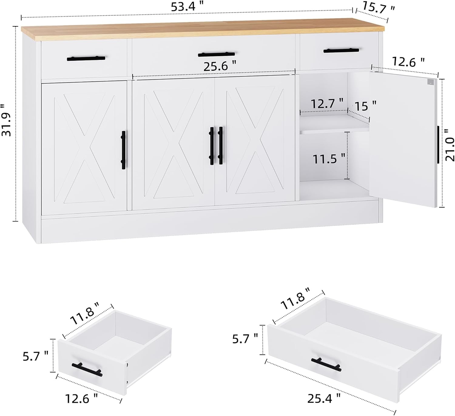 Buffet Cabinet with Storage,53.4" Large Kitchen Storage Cabinet with 3 Drawers and 4 Doors,Wood Farmhouse Buffet Sideboard with Adjustable Shelf for Kitchen Living Room