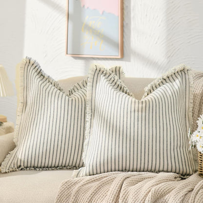 Throw Pillow Covers 18X18 Set of 2 Striped Pillow Covers with Fringe Chic Cotton Decorative Pillows Square Cushion Covers for Sofa Couch Bed Living Room Farmhouse Decor