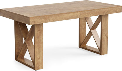63-Inch Rectangle Dining Table for 4-6 People, Farmhouse Thick Appearance Design, Rectangular Kitchen Dinner Table for Home, Rustic Yellowish Brown