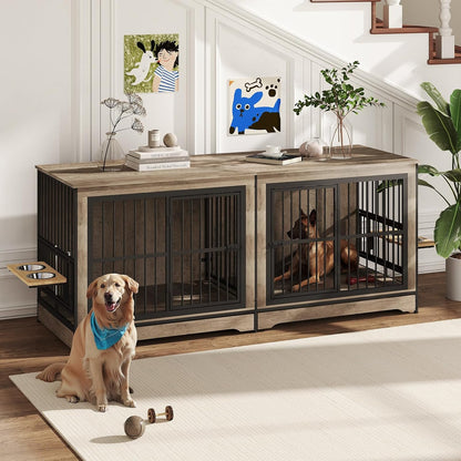 78'' Double Dog Crate Furniture, XL Double Dog Kennel with 360° Rotating and Adjustable Height Dog Bowl Holder (4 Bowls), Grey Furniture Kennel with Divider for Small Medium Large Dogs