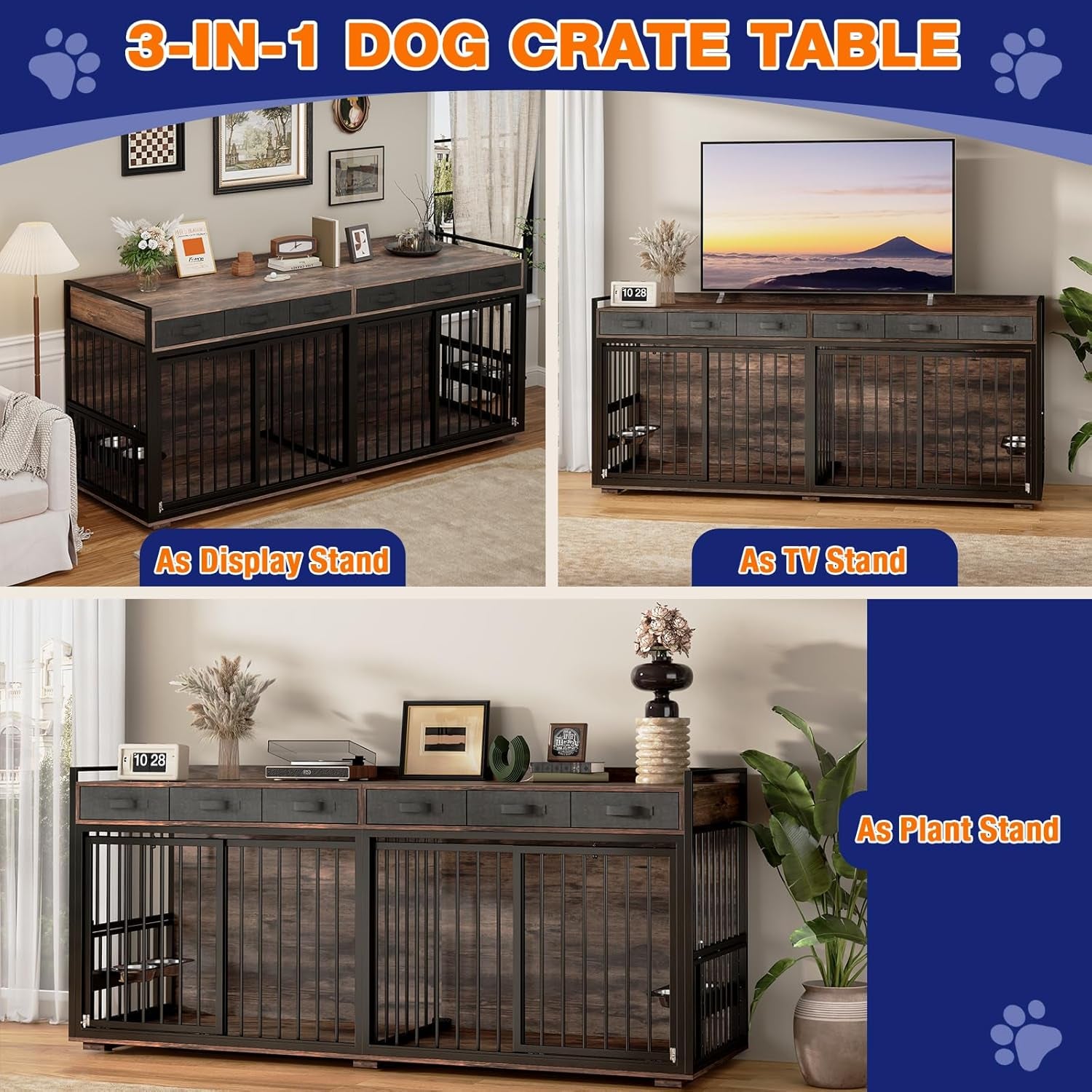 Large Dog Kennel Furniture for 2 Dogs,74.8'' XXL Wooden Double Dog Crates Cage Furniture Style with Divider for Large Breed with Storage Rack Shelf TV Stand Table Indoor,White