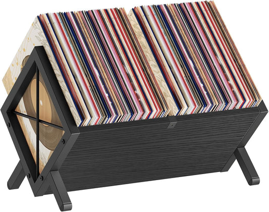 Vinyl Record Holder, Record Storage Rack Holds 80-100 Lp，Wooden and Metal Record Organizer, Quick Assembly Magazine Holder Vinyl Record Display Stand for Cds, Magazine, Albums, Black CJ06BB