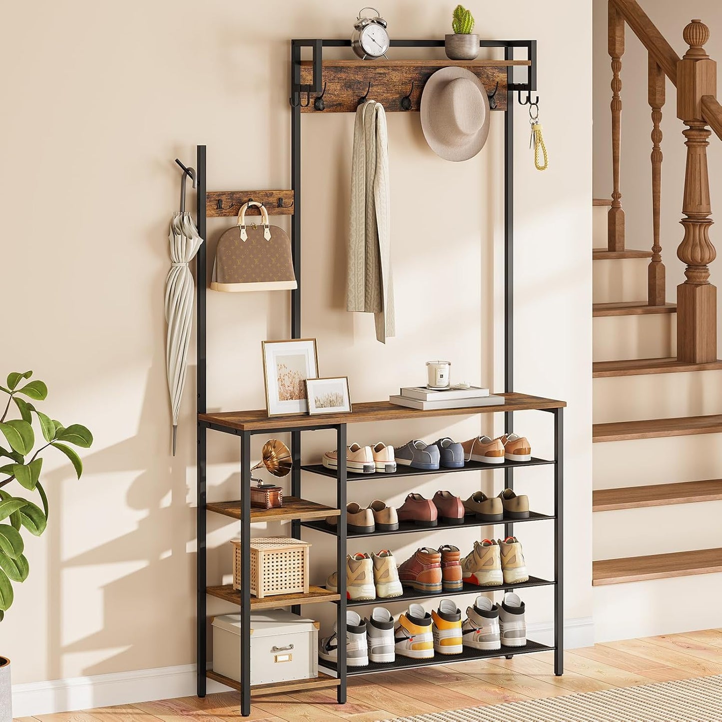 Hall Tree with Bench, Entryway Bench with Coat Rack, Shoe and Coat Rack for Entryway, Coat Rack with Shoe Storage and Reversible Storage Shelves, Rustic Brown BF105MT01
