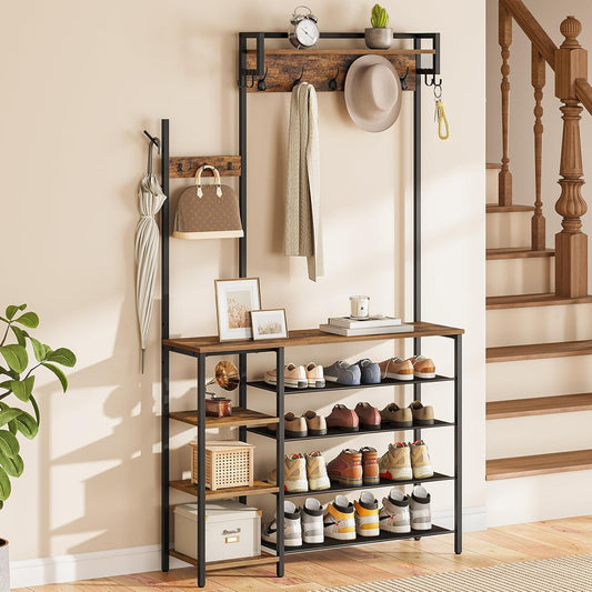 Hall Tree with Bench, Entryway Bench with Coat Rack, Shoe and Coat Rack for Entryway, Coat Rack with Shoe Storage and Reversible Storage Shelves, Rustic Brown BF105MT01