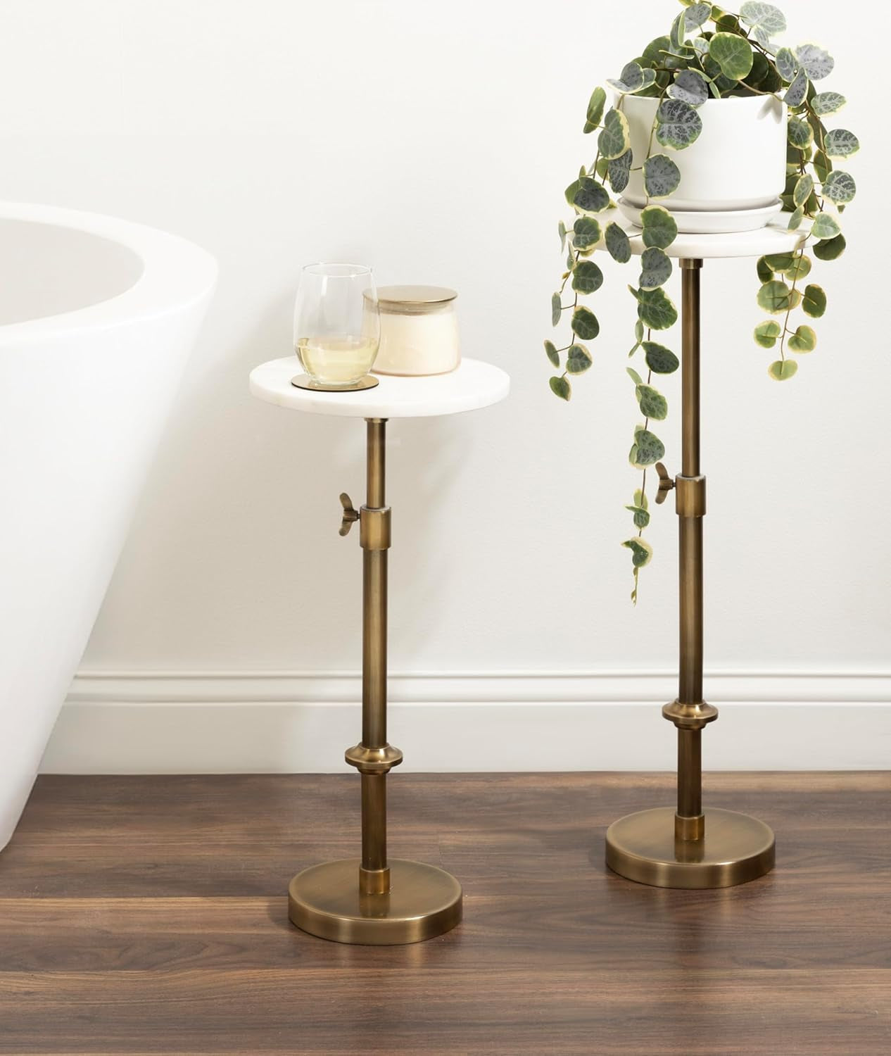Engles Traditional Adjustable-Height Pedestal Drink Table, 10 X 10 X 30, White Marble and Antique Brass, Vintage round Indoor Metal Plant Stand with Authentic Marble Tabletop