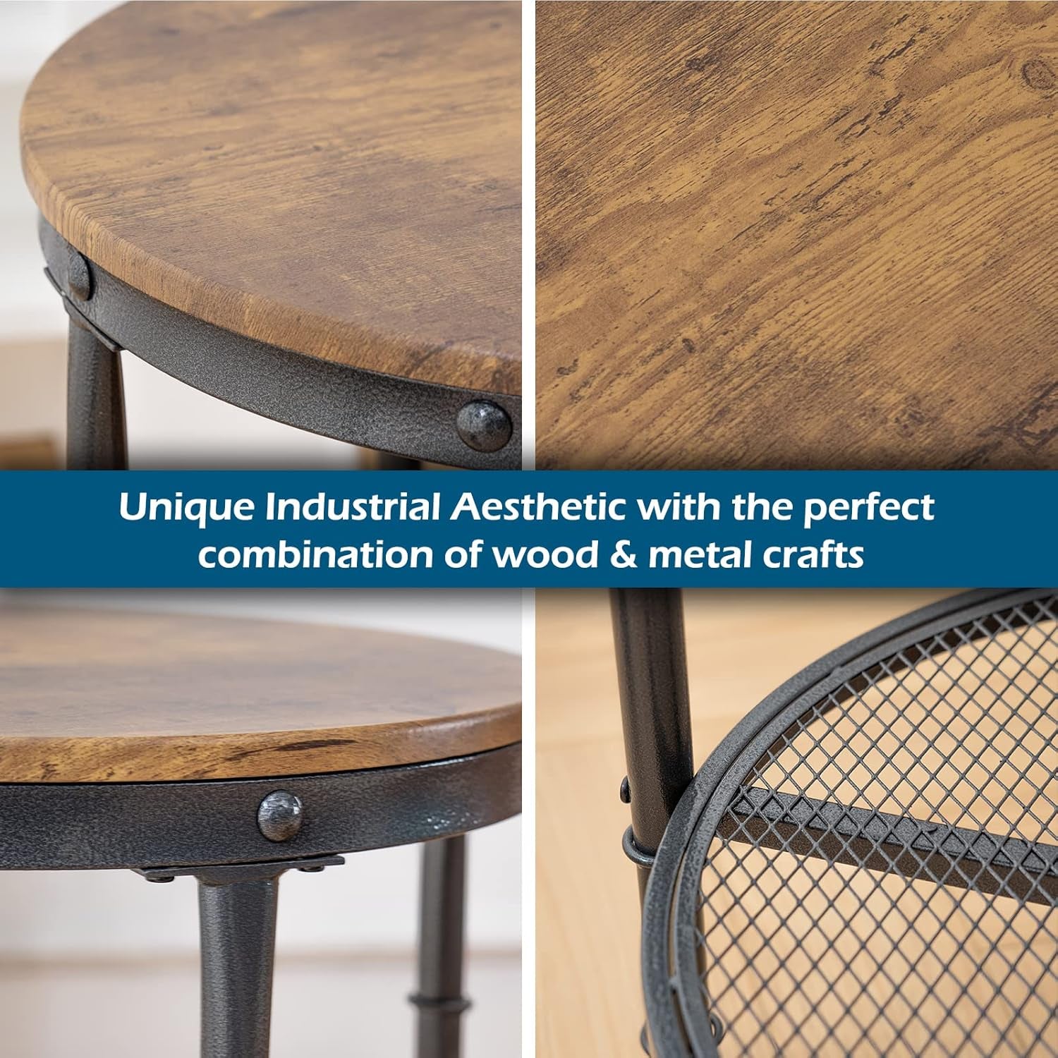 20" Side Table, round End Tables Living Room, Industrial Small End Table with Metal Mesh, Rustic Farmhouse Side Tables for Bedroom, Office, Corner, Walnut