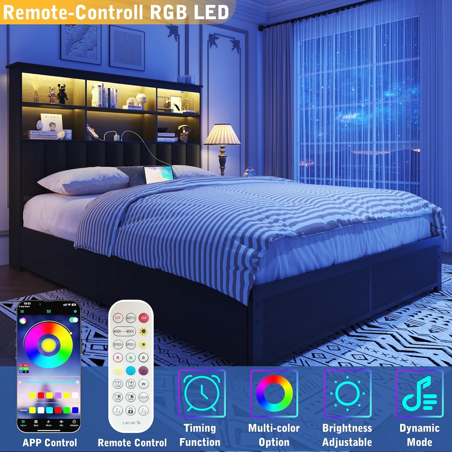 Queen Bed Frame with Headboard, Queen Bed Frame with High Storage Bookcase Headboard, 4 Storage Drawers & Charging Station, No Box Spring Needed/Noise Free/All-Metal Support, Rustic Grey