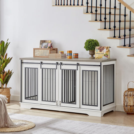 XXL Wooden Dog Crate Furniture with Sliding Barn Door, 60.6" Indoor Kennel with Divider, Modern TV Stand for Large Dog or 2 Medium Dogs (Grey)