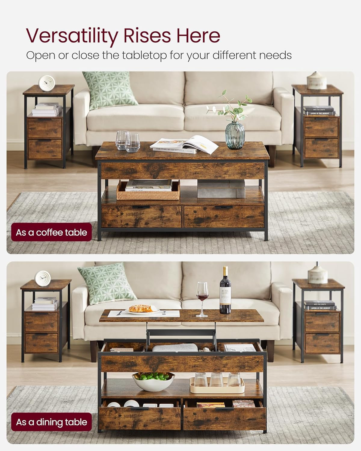 Lift Top Coffee Table with Storage Drawers, Coffee Table for Living Room with Lifting Top, Hidden Compartments and Open Shelf, Rustic Brown and Ink Black ULCT209K01