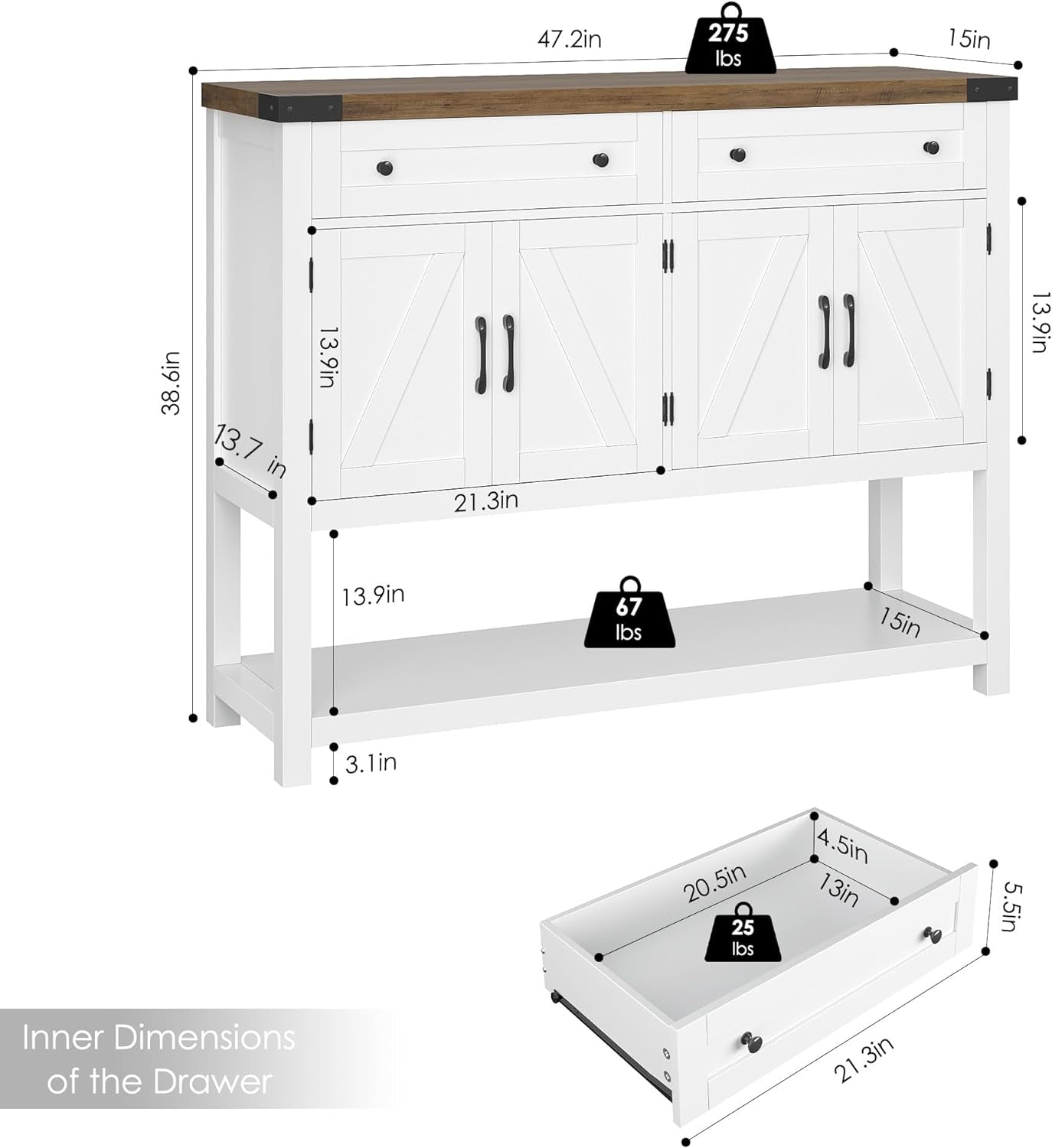 Buffet Sideboard Cabinet with Storage, 47.2" Modern Farmhouse Coffee Bar with 2 Drawers, Barn Doors Console Table with Shelf for Kitchen, Dining Room, Living Room, Entryway (White)