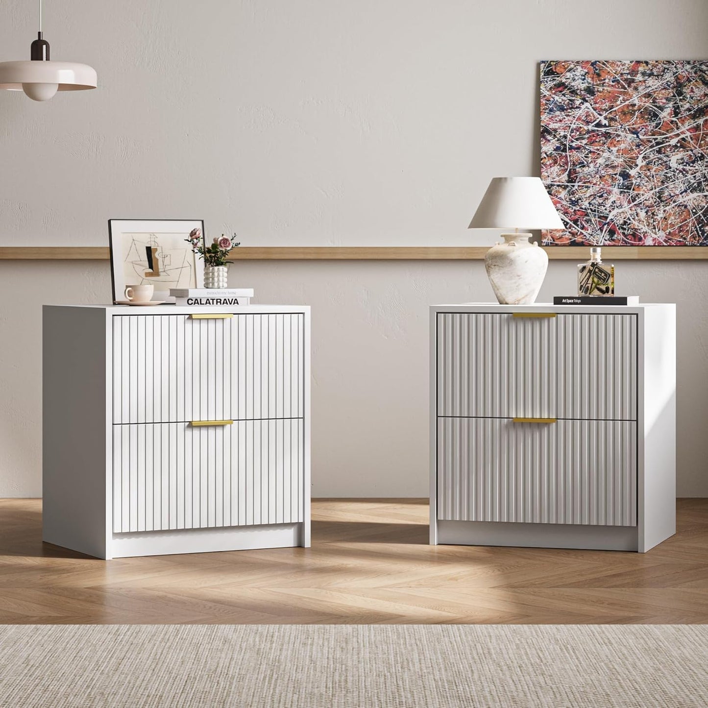 3-Piece Dresser Bedroom Set, 9 Drawer Dresser & 2 Drawer Nightstands with Gold Handles, Fluted Wood Chest of Drawers for Bedroom, Living Room, Entryway, White