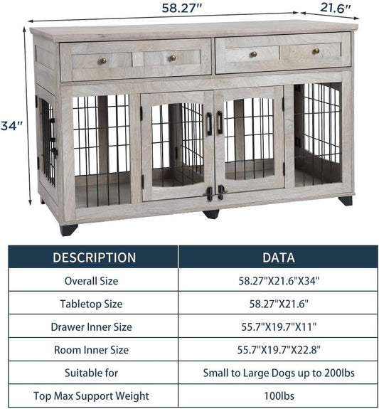 2 Rooms Dog Crate Furniture for Big Breed,58" Wooden Dog Crate Table with 2 Drawers,Indoor Dog Kennel,Dog House,Dog Cage,Tv Stand (Grey)