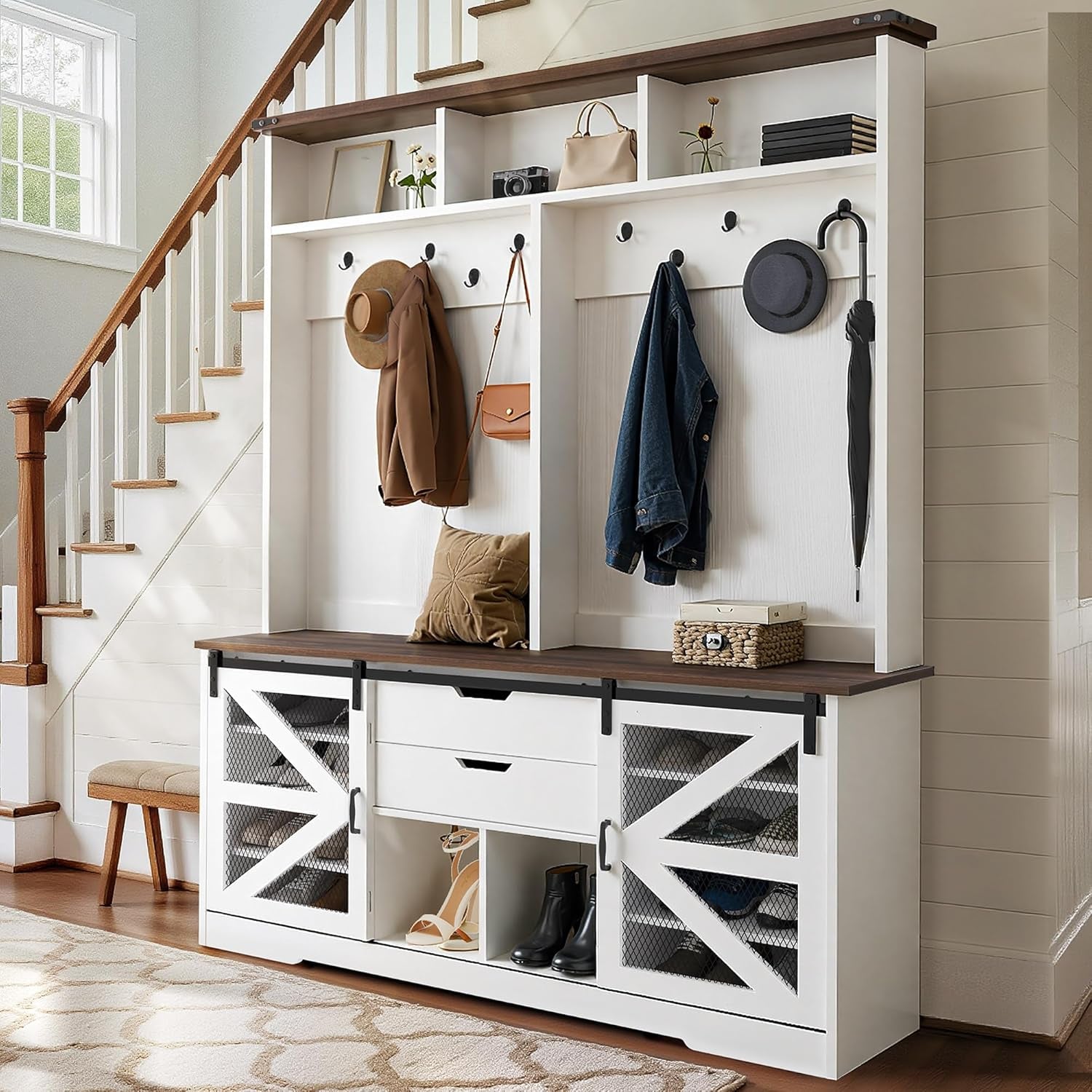 Hall Tree with Bench and Shoe Storage, Hallway Tree with Adjustable RGB LED Light, Sliding Barn Doors and 10 Hooks, Coat Rack for Front Door Entrance Entryway Mudroom Bedroom, White & Walnut
