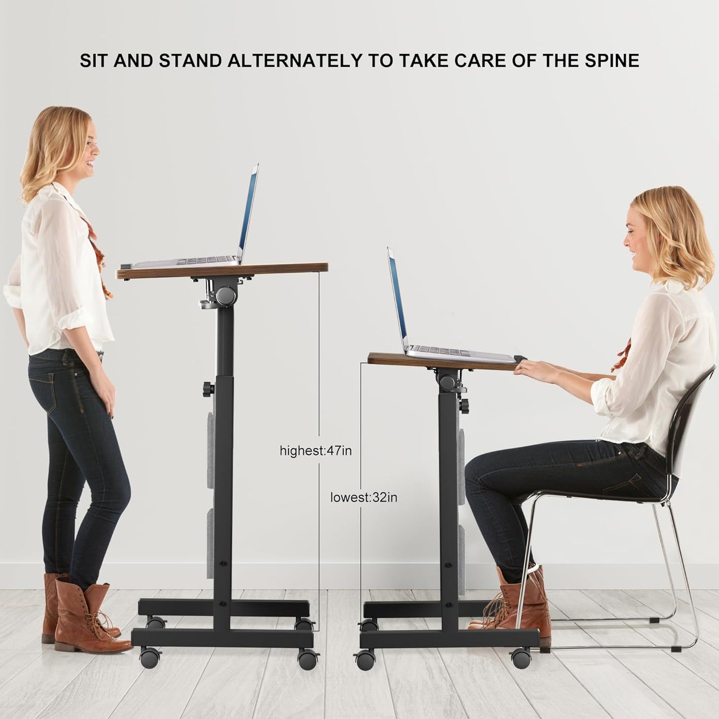 Height Adjustable Standing Desk with Storage Bag Widths16 in Length 24 In, Portable Rolling Mobile Stand up Table with Wheels, 360 Degree Flip Laptop Computer Desk for Home Office, Rustic Brown