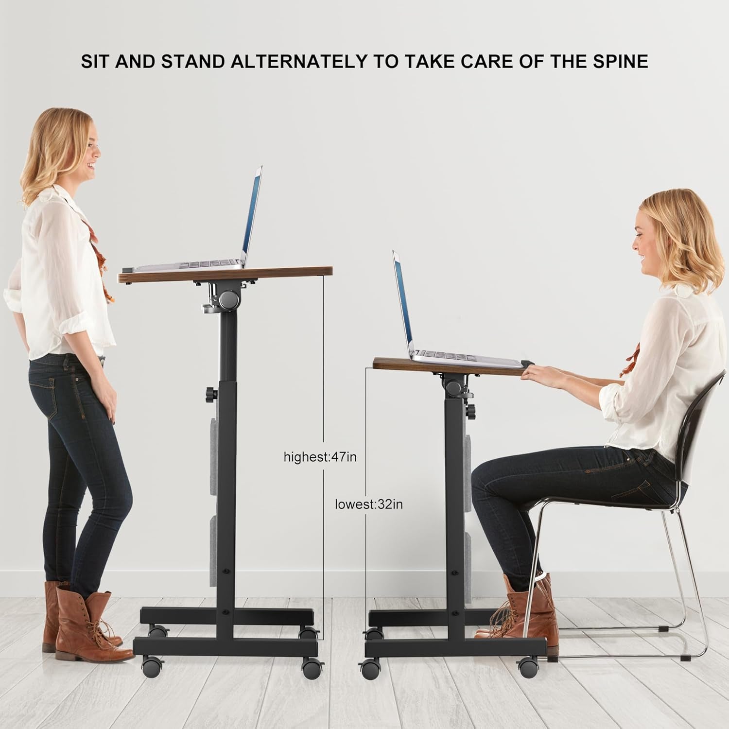 Height Adjustable Standing Desk with Storage Bag Widths16 in Length 24 In, Portable Rolling Mobile Stand up Table with Wheels, 360 Degree Flip Laptop Computer Desk for Home Office, Rustic Brown