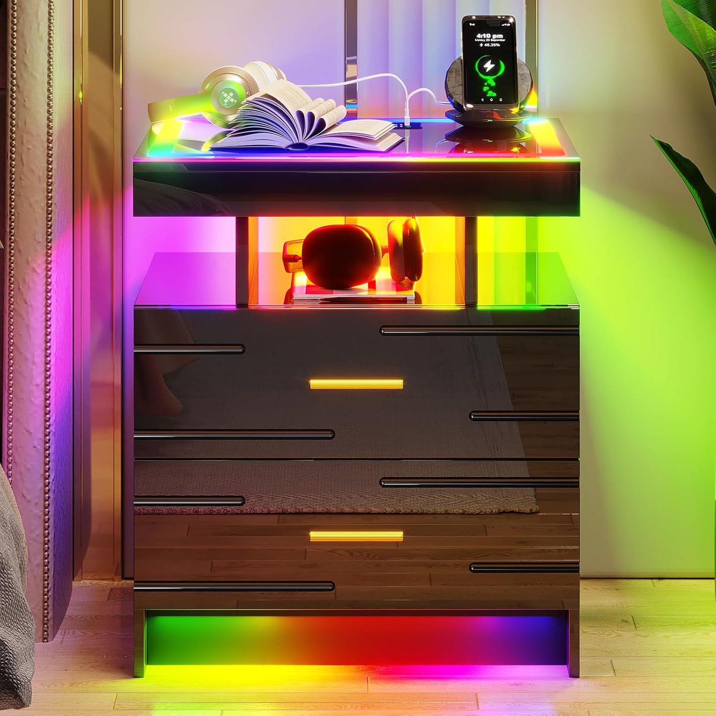 RGB Nightstand with Wireless Charging Station, LED Night Stand with Motion Sensor Lights, Smart Bedside Table with Changing Strip Lights with Remote,High Gloss Side Table/Glass Top (Black)
