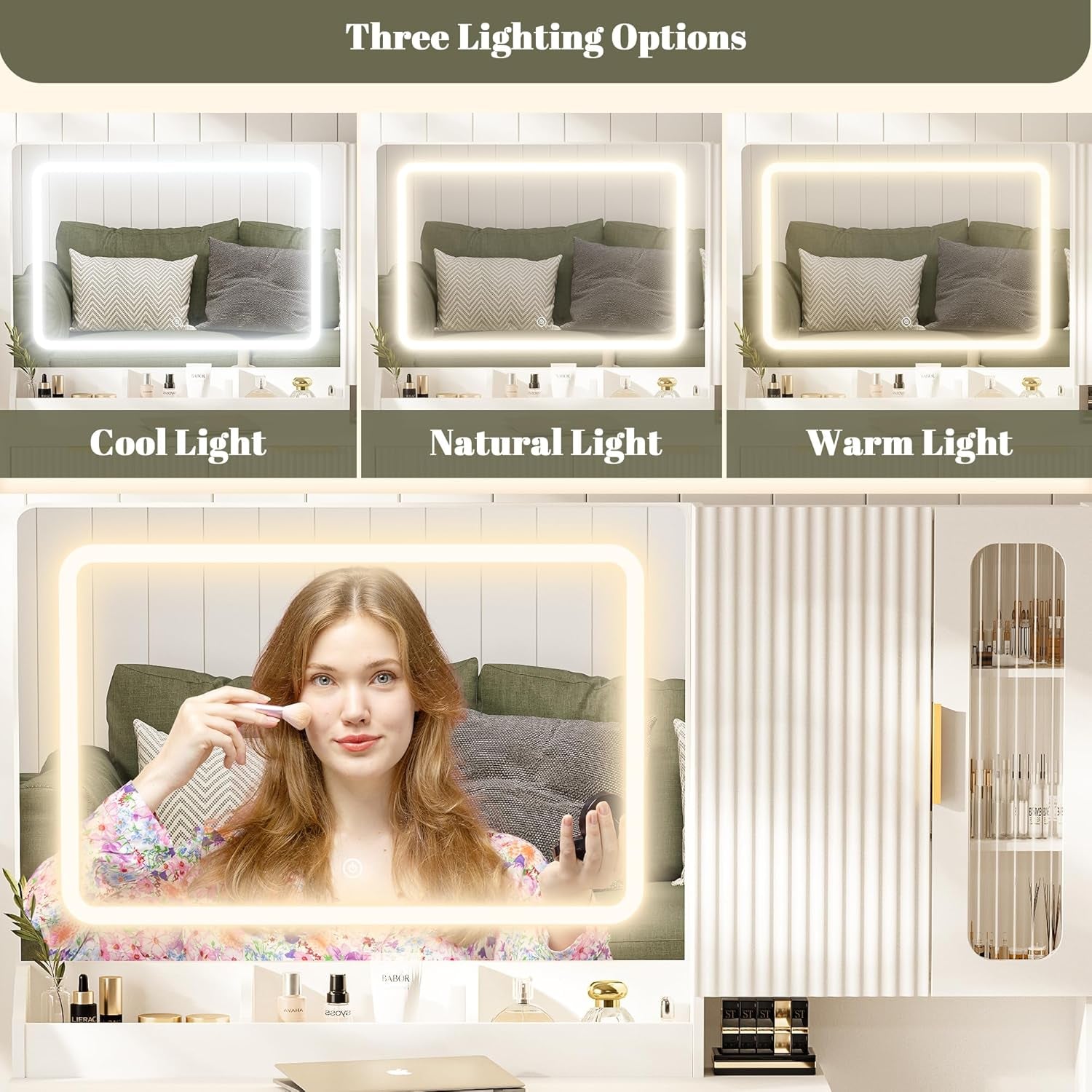 45" Modern Makeup Vanity Desk with Mirror and Lights, Makeup Vanity with 5 Shelves& 2 Drawers and Cabinet, Vanity Table with Power Outlet, 3 Color Adjustable Lighting Dressing Table Set for Bedroom