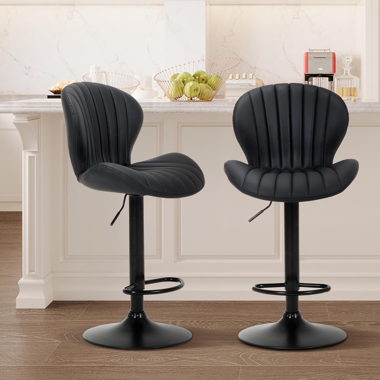 Bar Stools Set of 2, Modern Swivel Bar Chairs, Adjustable Faux Leather Upholstered Barstools Counter Height with High Backrest for Bar, Kitchen Island, Dining Room, Black