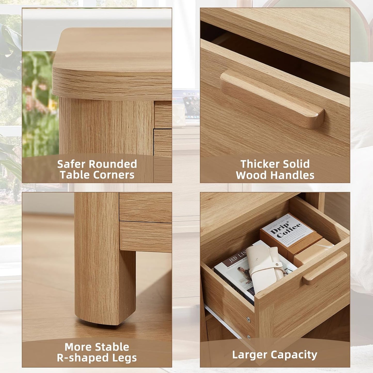 Farmhouse Nightstand with Charging Station, End Tables Bedroom with 2 Large Drawers & 4 Thickened Table Legs, Natural Wood