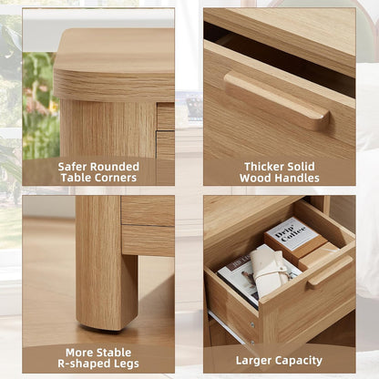 Farmhouse Nightstand with Charging Station, End Tables Bedroom with 2 Large Drawers & 4 Thickened Table Legs, Natural Wood