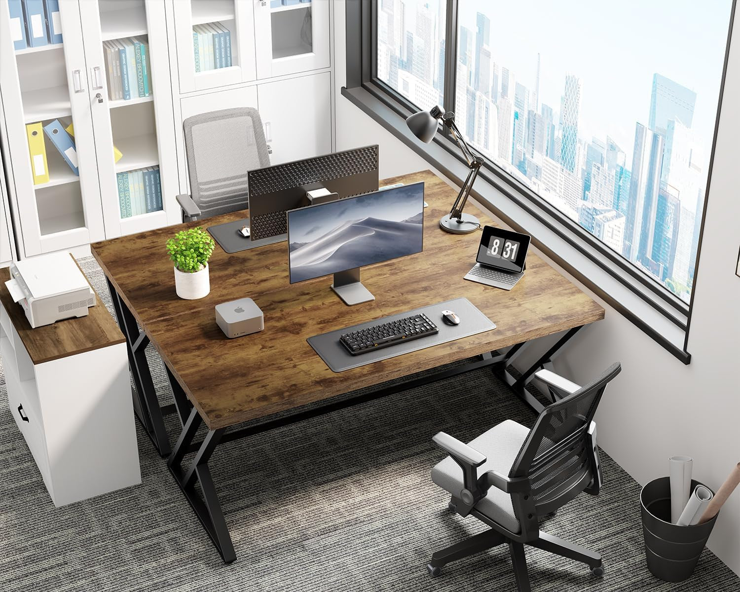 Rustic Computer Desk, Metal Wood Home Office Desk, Industrial Simple Study Executive Desk for Writing Work, Wooden Student Gaming Computer PC Table with Storage for Bedroom, 55 Inch, Rustic Brown