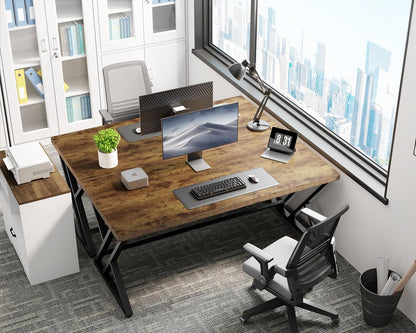 Rustic Computer Desk, Metal Wood Home Office Desk, Industrial Simple Study Executive Desk for Writing Work, Wooden Student Gaming Computer PC Table with Storage for Bedroom, 55 Inch, Rustic Brown
