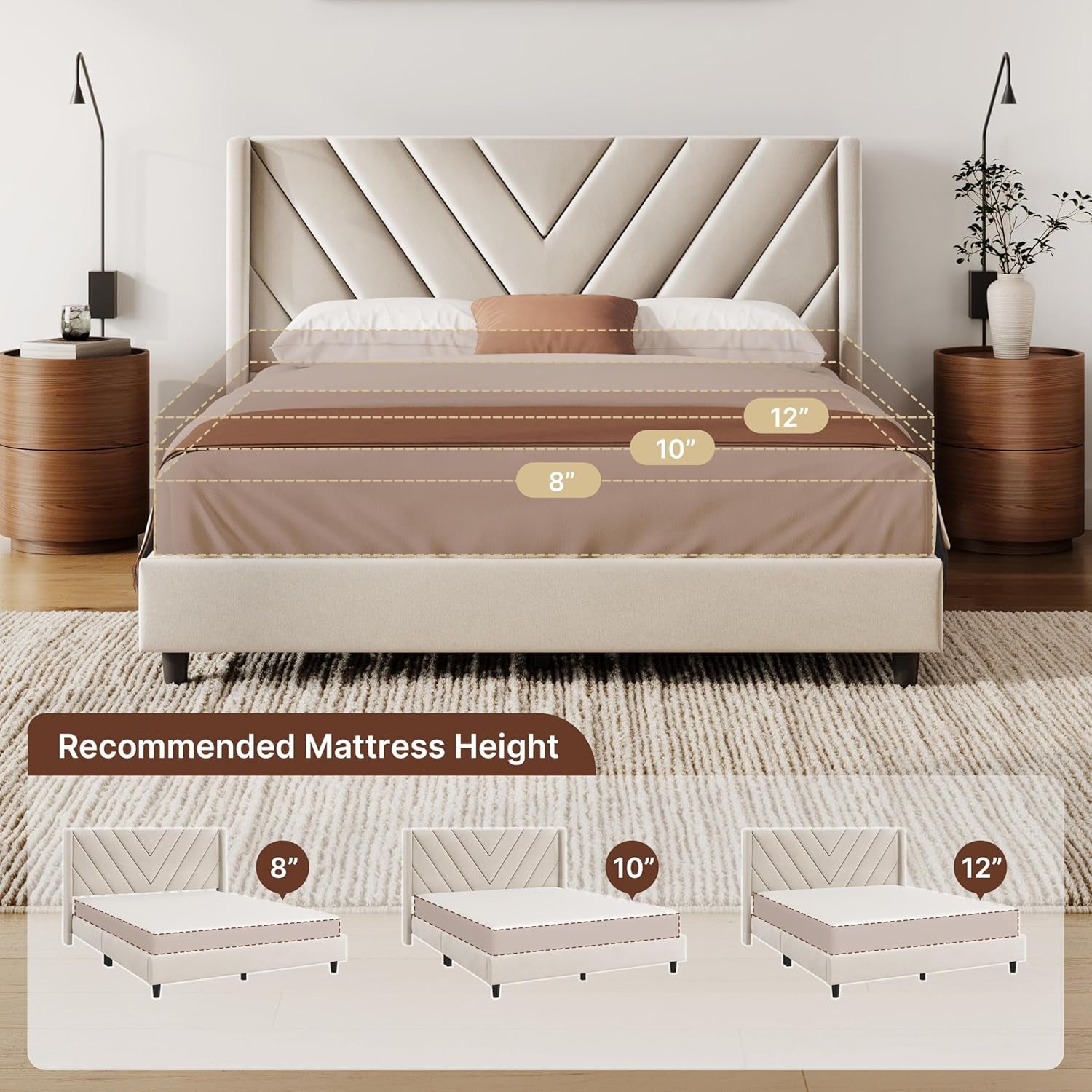 Queen Bed Frame Upholstered Platform Bed with Wing Side/Wooden Slat Support/Tufted Headboard with Wing Side/Mattress Foundation/No Box Spring Needed,Beige Queen Bed