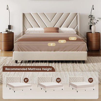 Queen Bed Frame Upholstered Platform Bed with Wing Side/Wooden Slat Support/Tufted Headboard with Wing Side/Mattress Foundation/No Box Spring Needed,Beige Queen Bed