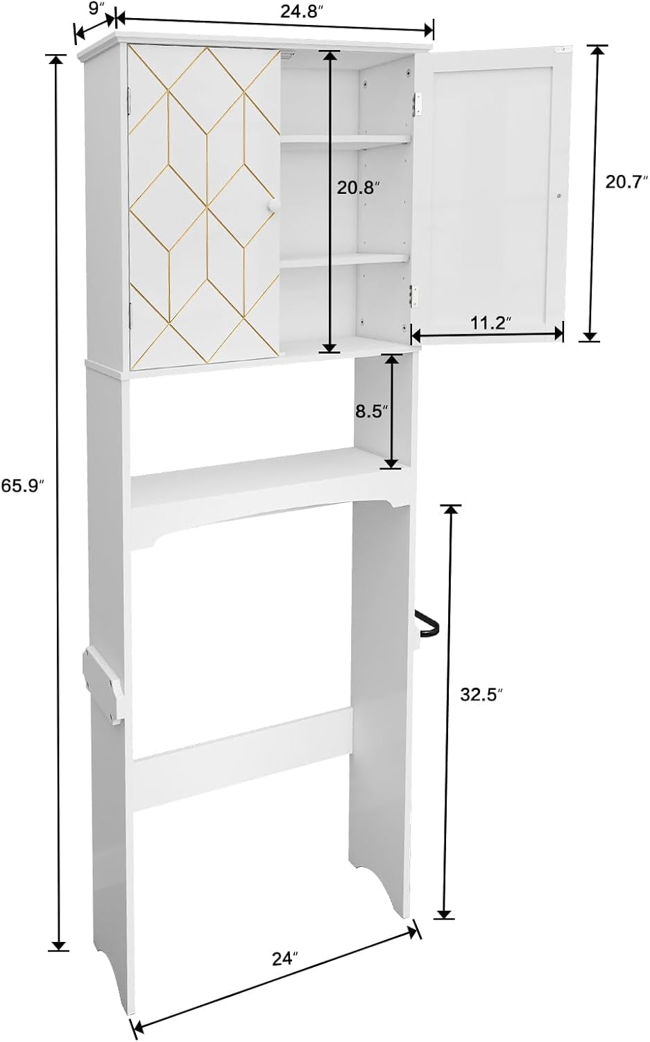 over the Toilet Storage Cabinet with Gold Trim,Modern Bathroom Cabinet over Toilet with Adjustable Shelves and Toilet Paper Holder,Over Toilet Organizer Space Saver for Bathroom (White)