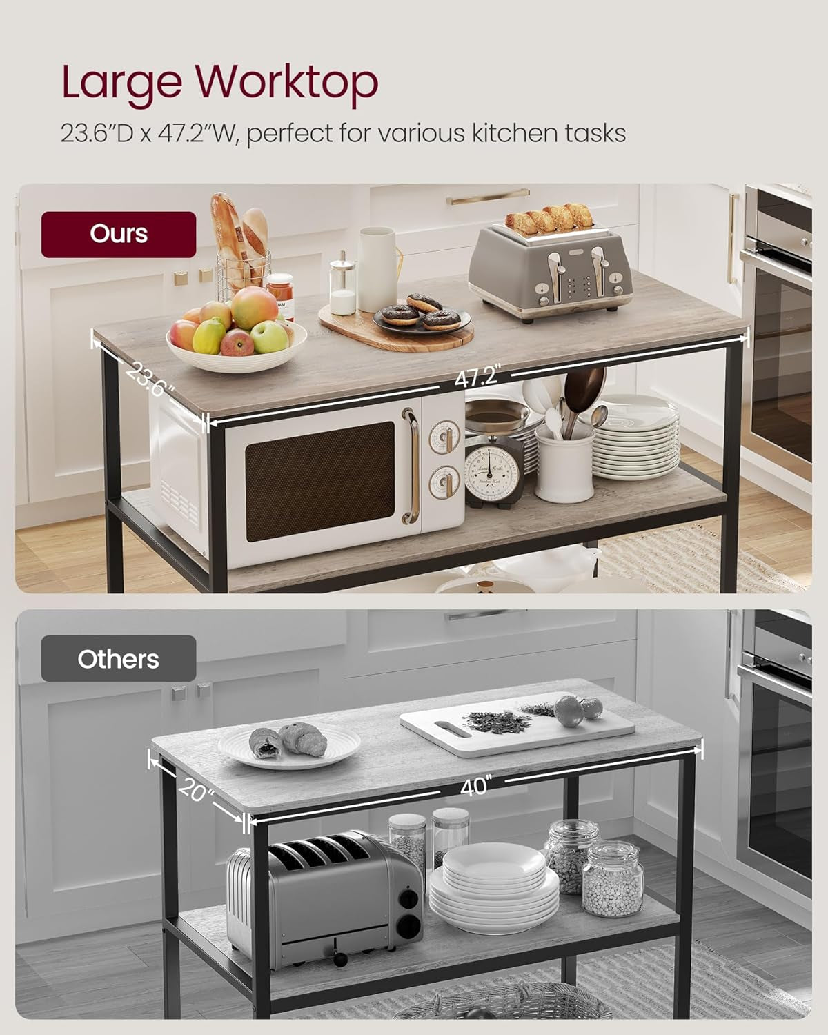Kitchen Island with 3 Shelves, 47.2 Inches Width Kitchen Shelf with Large Worktop, Stable Steel Structure, Industrial, Easy to Assemble, Greige and Black UKKI001B02