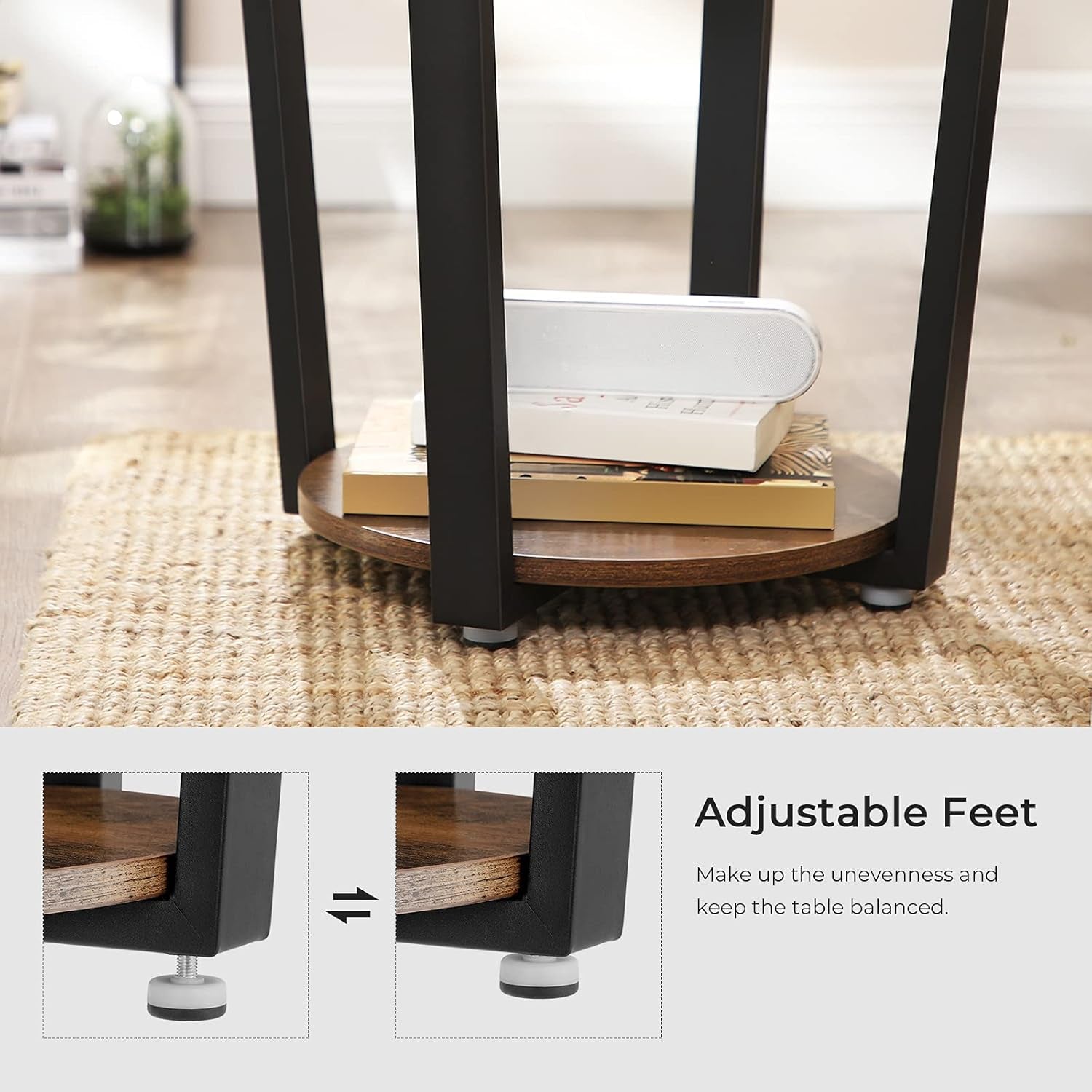 End Table, round Side Table with Storage Shelf, Easy Assembly, Industrial Accent Furniture with Steel Frame, Rustic Brown and Black