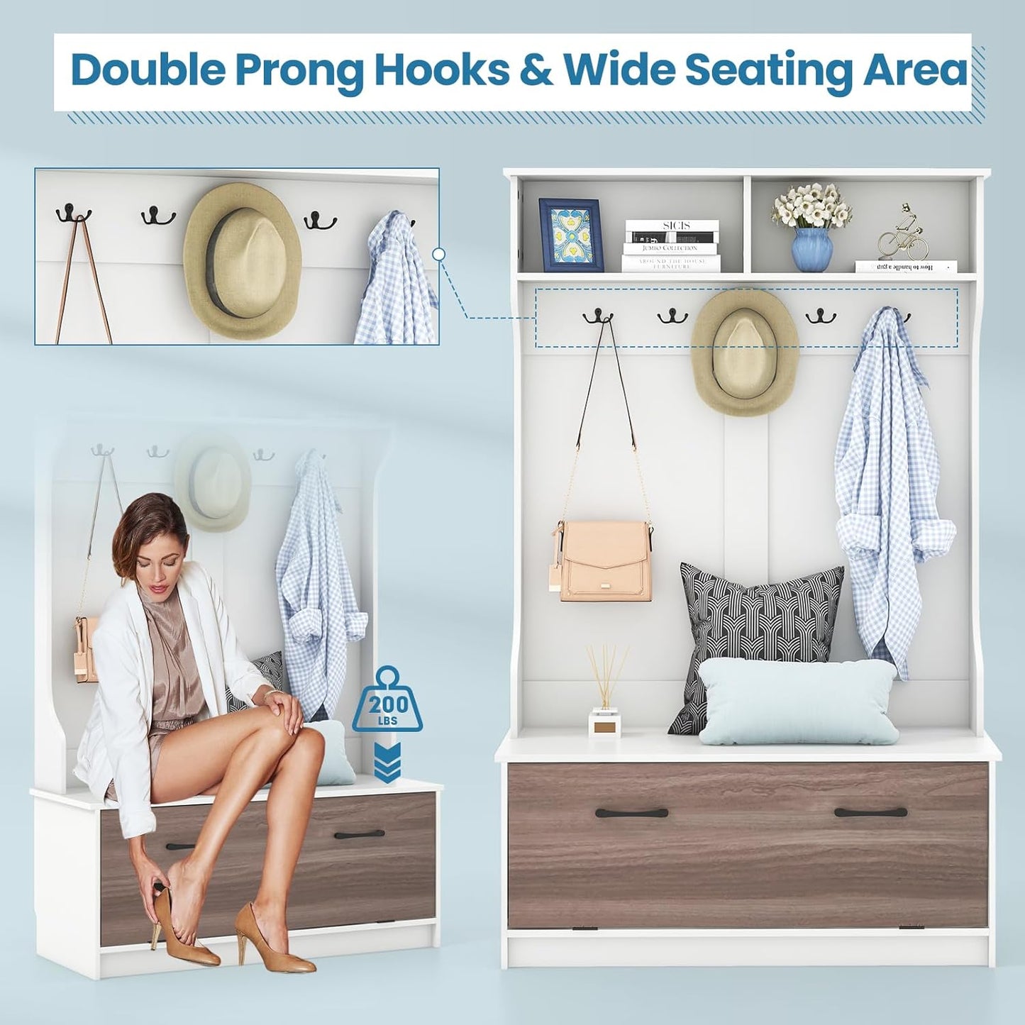 Hall Tree with Coat Rack and Storage Bench, Multifunctional Coat Rack with Entryway Bench, 5 Double Hooks, Freestanding Home Organizer for Entryway, Bedroom (White)