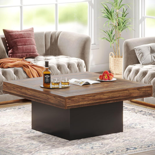 Coffee Table Square LED Coffee Table Engineered Wood Low Center Cocktail Tables for Living Room (Rustic Brown+Black)