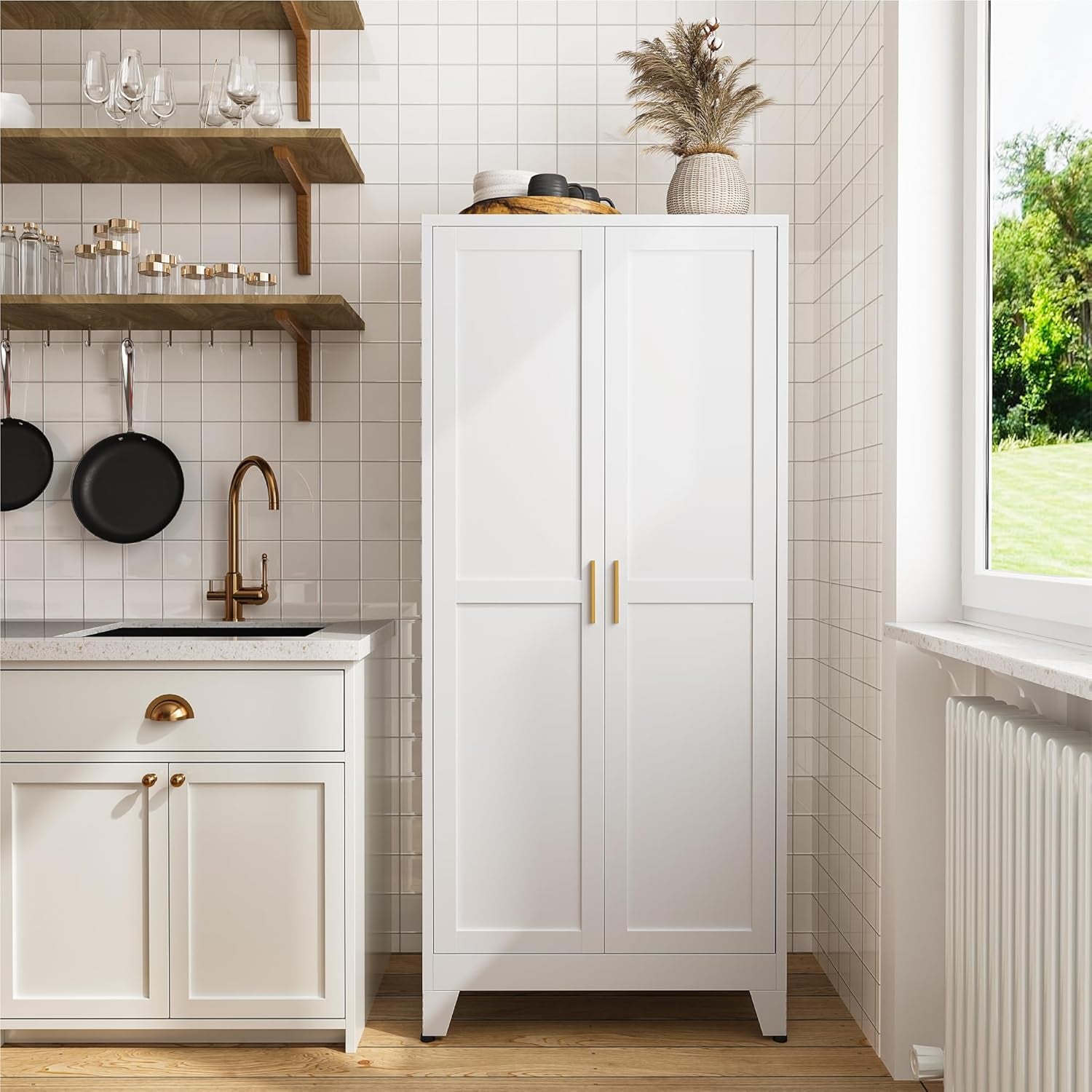 61" Tall Pantry Cabinet with Adjustable Shelves, White Storage Cabinet with Doors and Shelves, Sturdy Freestanding Cupboard for Kitchen Pantry, Bathroom Storage, Living Room & Office