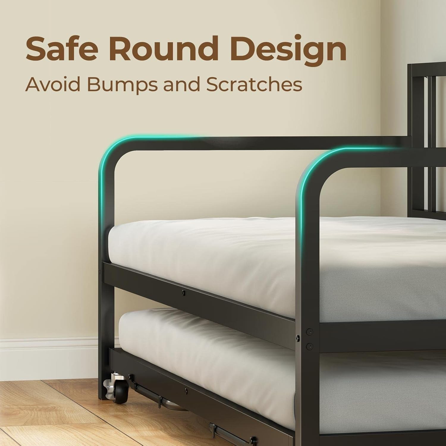 Daybed with Charging Station and LED Lights, Height Adjustable Twin Daybed with Trundle, Metal Sofa Bed Frame with Steel Slat Support for Living Room, Bedroom and Guest Room, Black