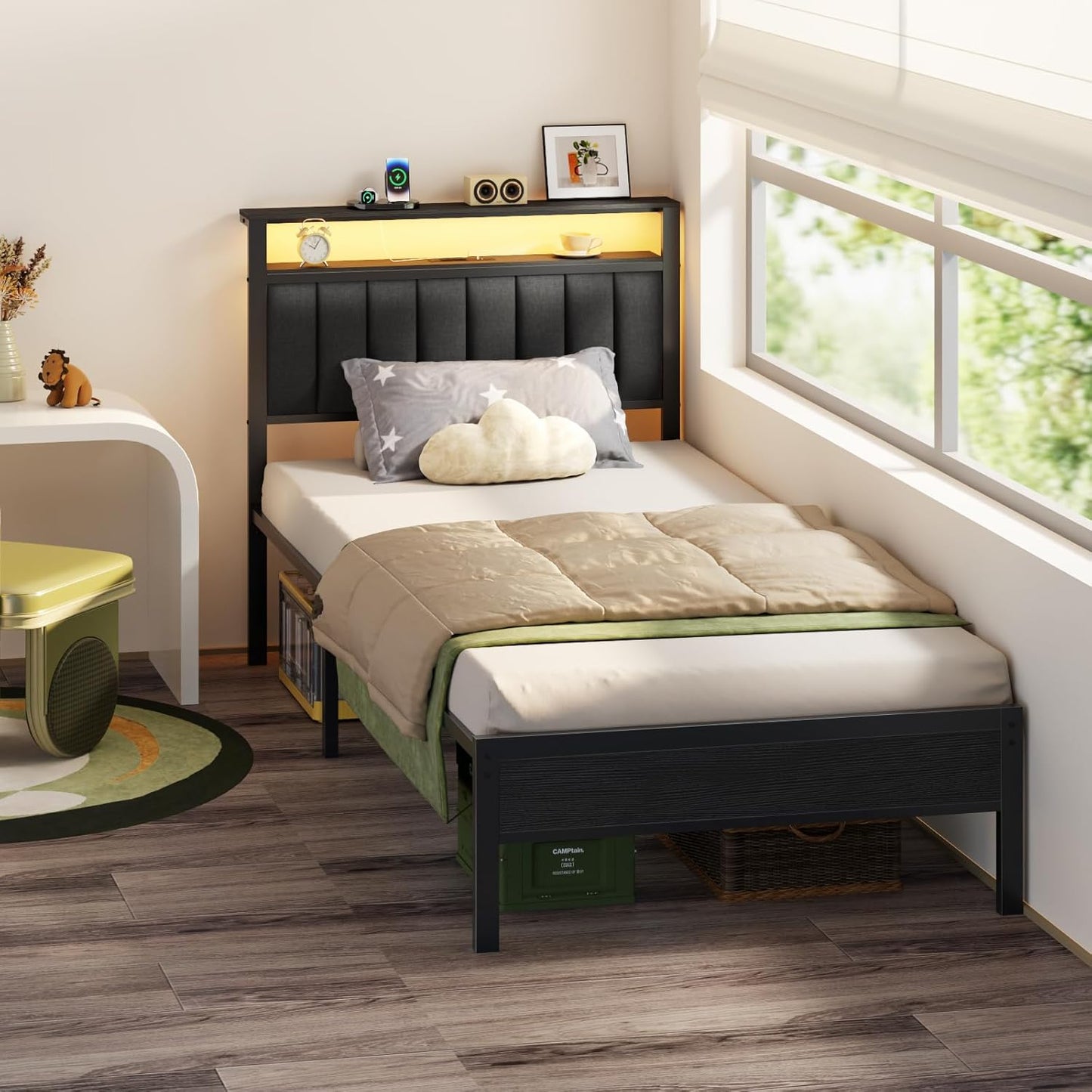 Twin Size Bed Frame with Charging Station and LED Lights, Platform Bed with Metal Slats, Grey Upholstered Headboard with 2-Tier Storage Shelves, No Box Spring Needed