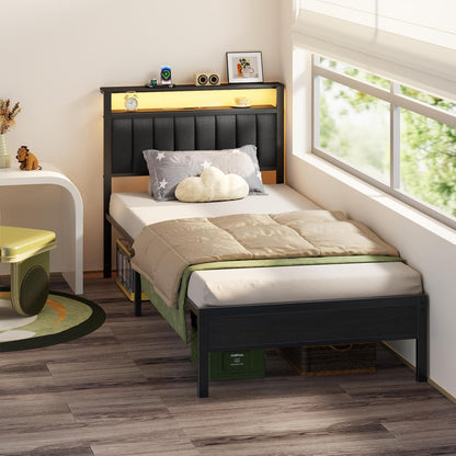Twin Size Bed Frame with Charging Station and LED Lights, Platform Bed with Metal Slats, Grey Upholstered Headboard with 2-Tier Storage Shelves, No Box Spring Needed