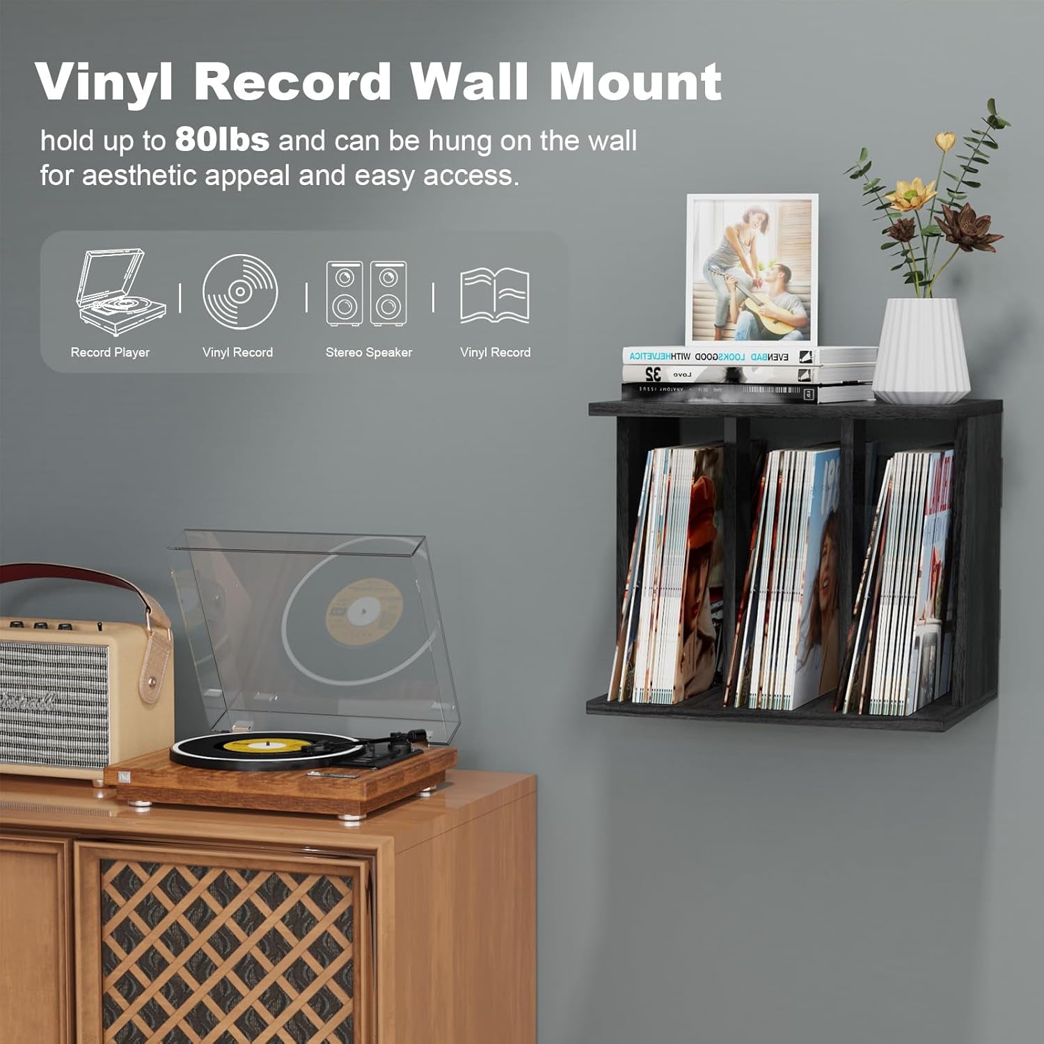 Vinyl Record Storage, Record Player Stand Wall Mount up to 80-100 Albums, 3-Compartment Vinyl Record Holder, Black