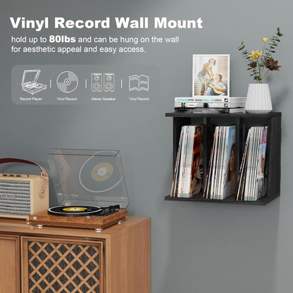Vinyl Record Storage, Record Player Stand Wall Mount up to 80-100 Albums, 3-Compartment Vinyl Record Holder, Black