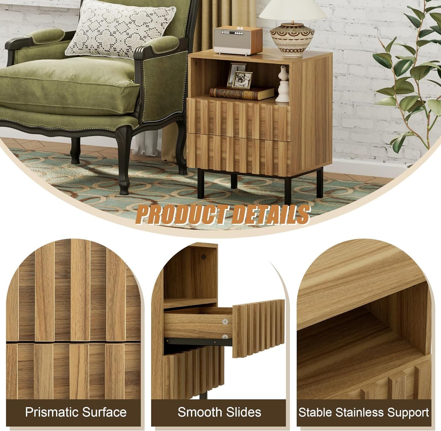 3PCS Dresser and Nightstand Sets for Bedroom, 59" Wide 9 Drawer Dresser & Nightstand Set of 2, Modern Fluted Solid Wood Closet Dressers, Bedroom Furniture Set (Natural Wood)