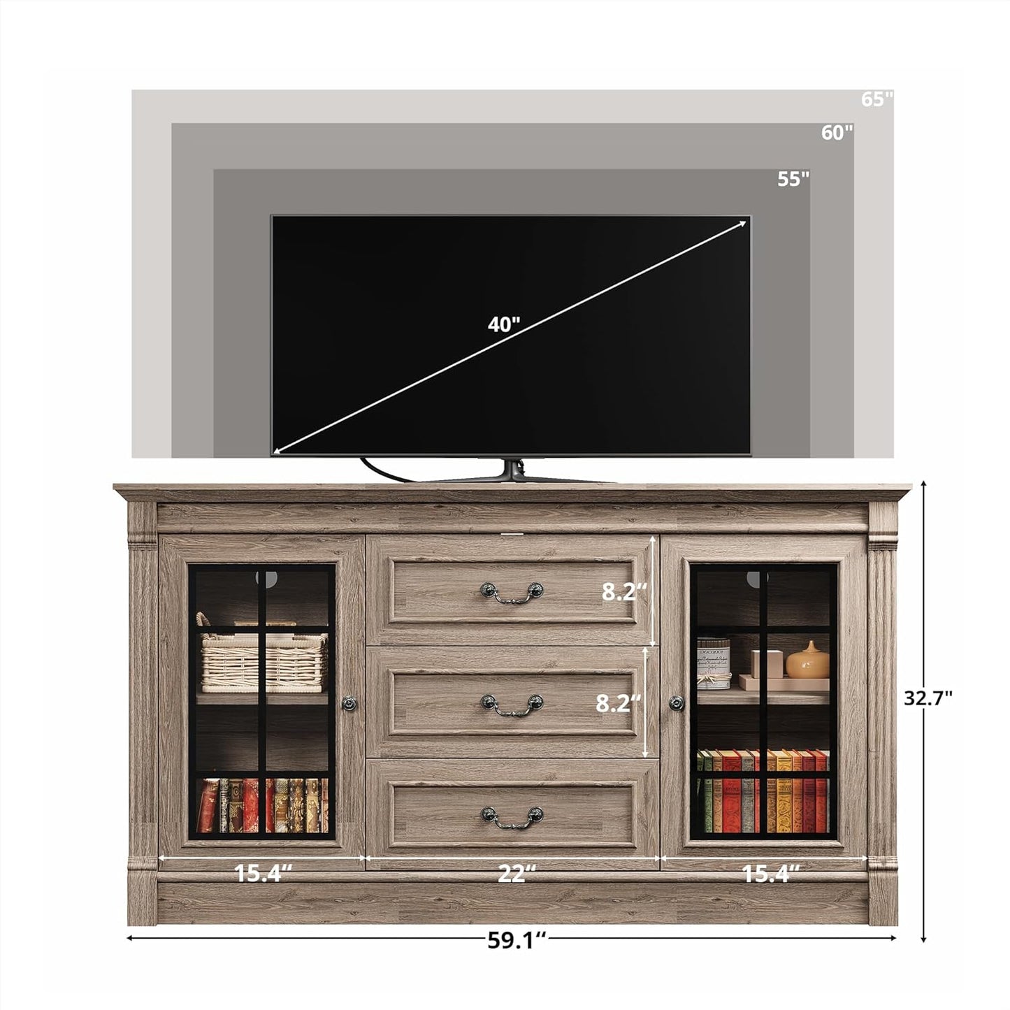 Farmhouse TV Stand for 65 Inch TV with Outlets, 59" Entertainment Center with 3 Drawers and 2 Storage Cabinet, Glass Doors and Adjustable Shelf, Console Tables for Living Room, Light Rustic Oak