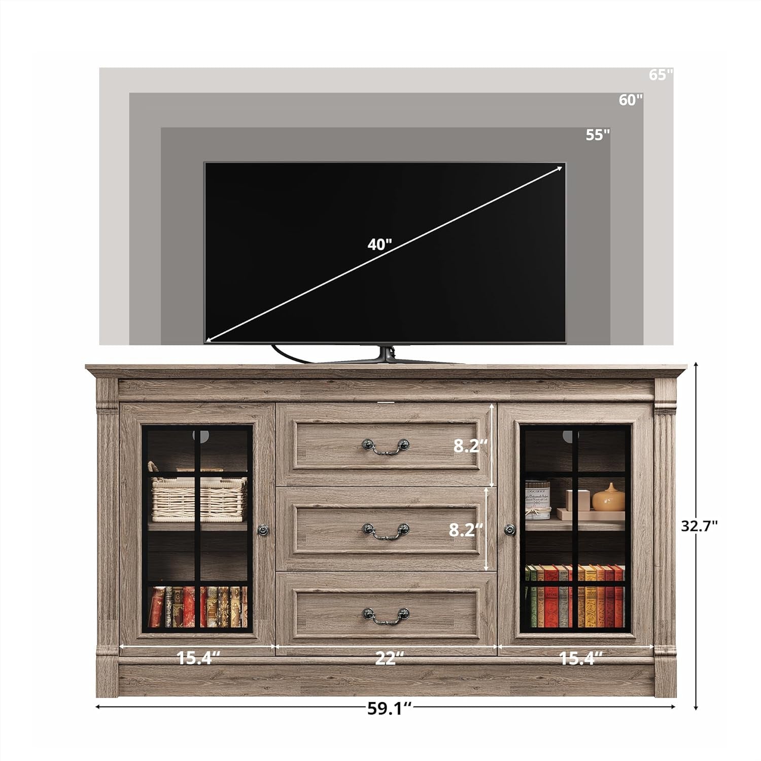 Farmhouse TV Stand for 65 Inch TV with Outlets, 59" Entertainment Center with 3 Drawers and 2 Storage Cabinet, Glass Doors and Adjustable Shelf, Console Tables for Living Room, Light Rustic Oak